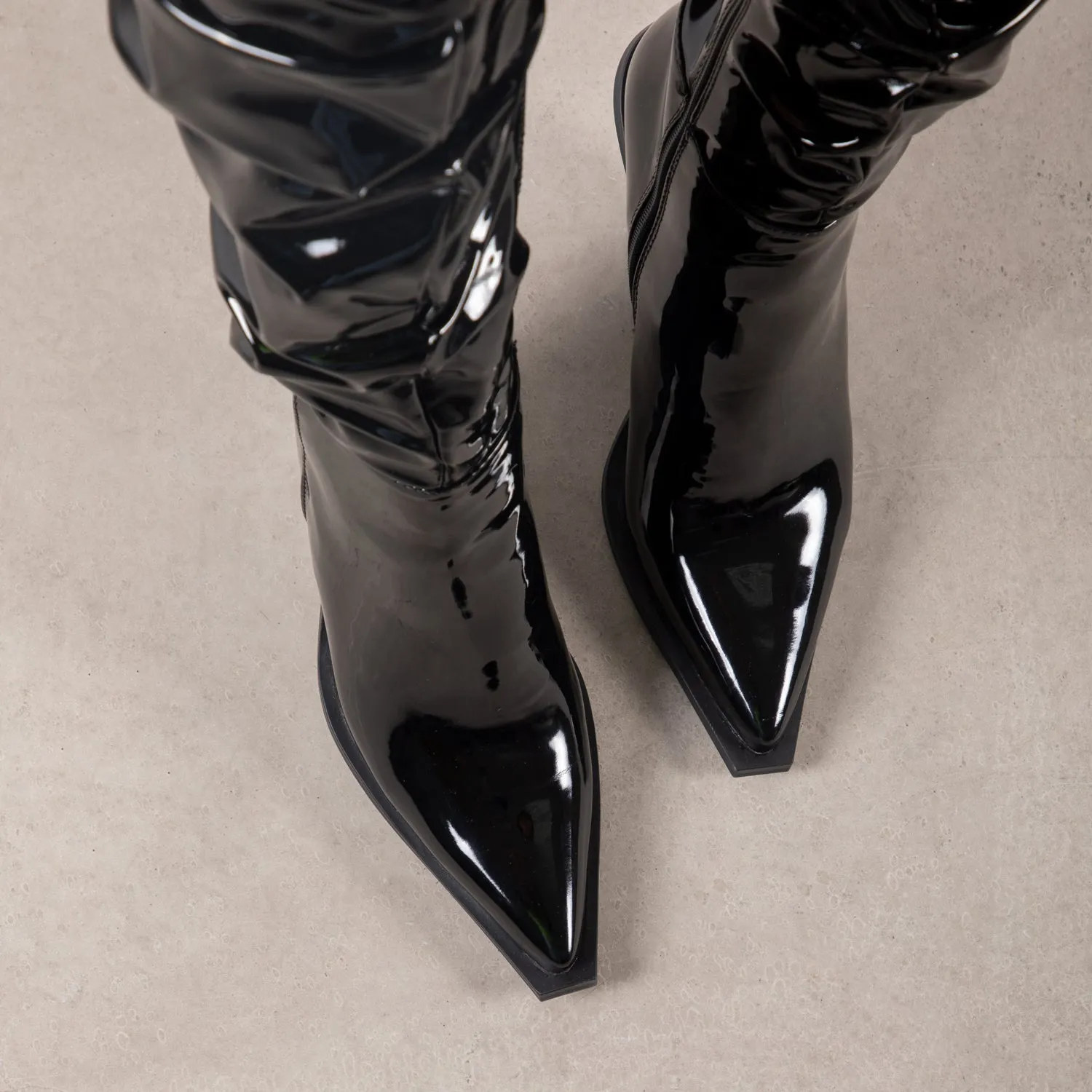 RAID Estacia Ruched Long Boot in Black Patent