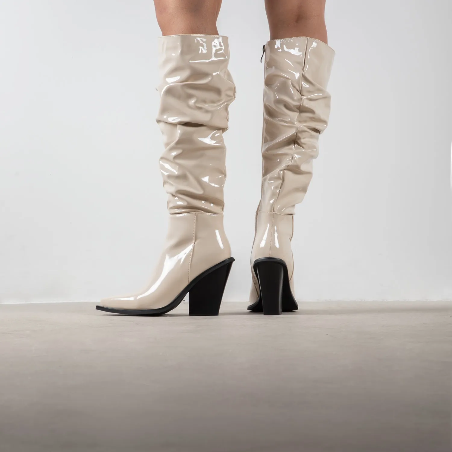 RAID Estacia Ruched Long Boot in Off White Patent