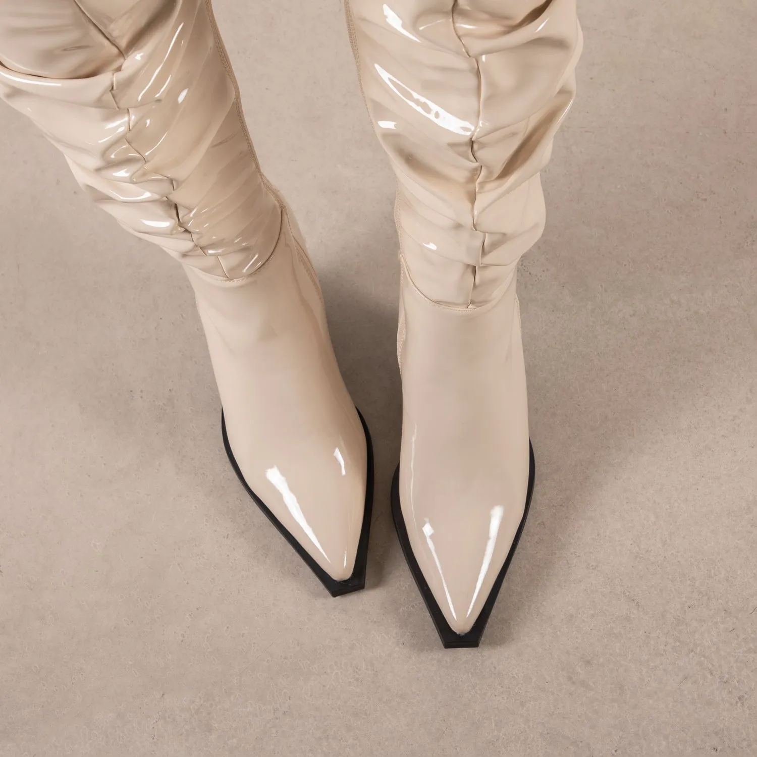 RAID Estacia Ruched Long Boot in Off White Patent