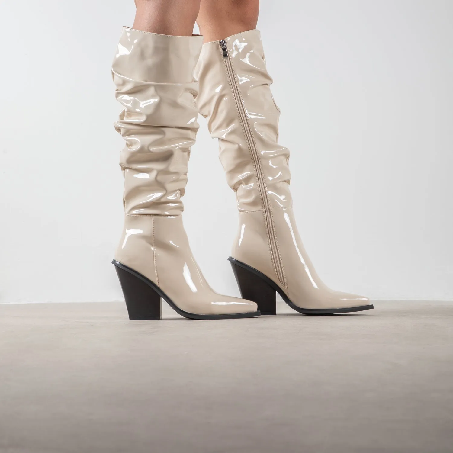 RAID Estacia Ruched Long Boot in Off White Patent