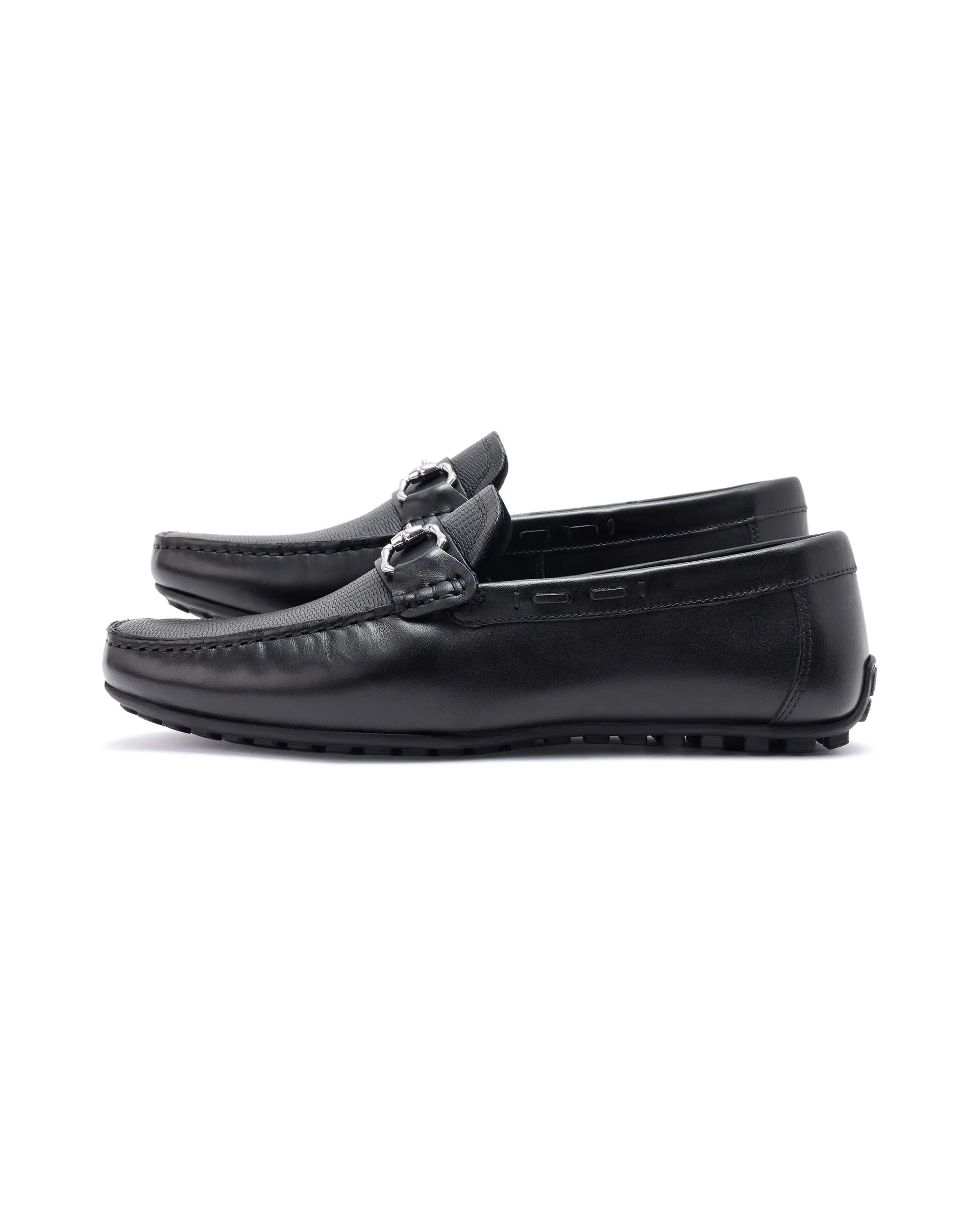 Rare Rabbit Men's Wave Pro Black Genuine Leather Plated Slip-On Driving Moccasins