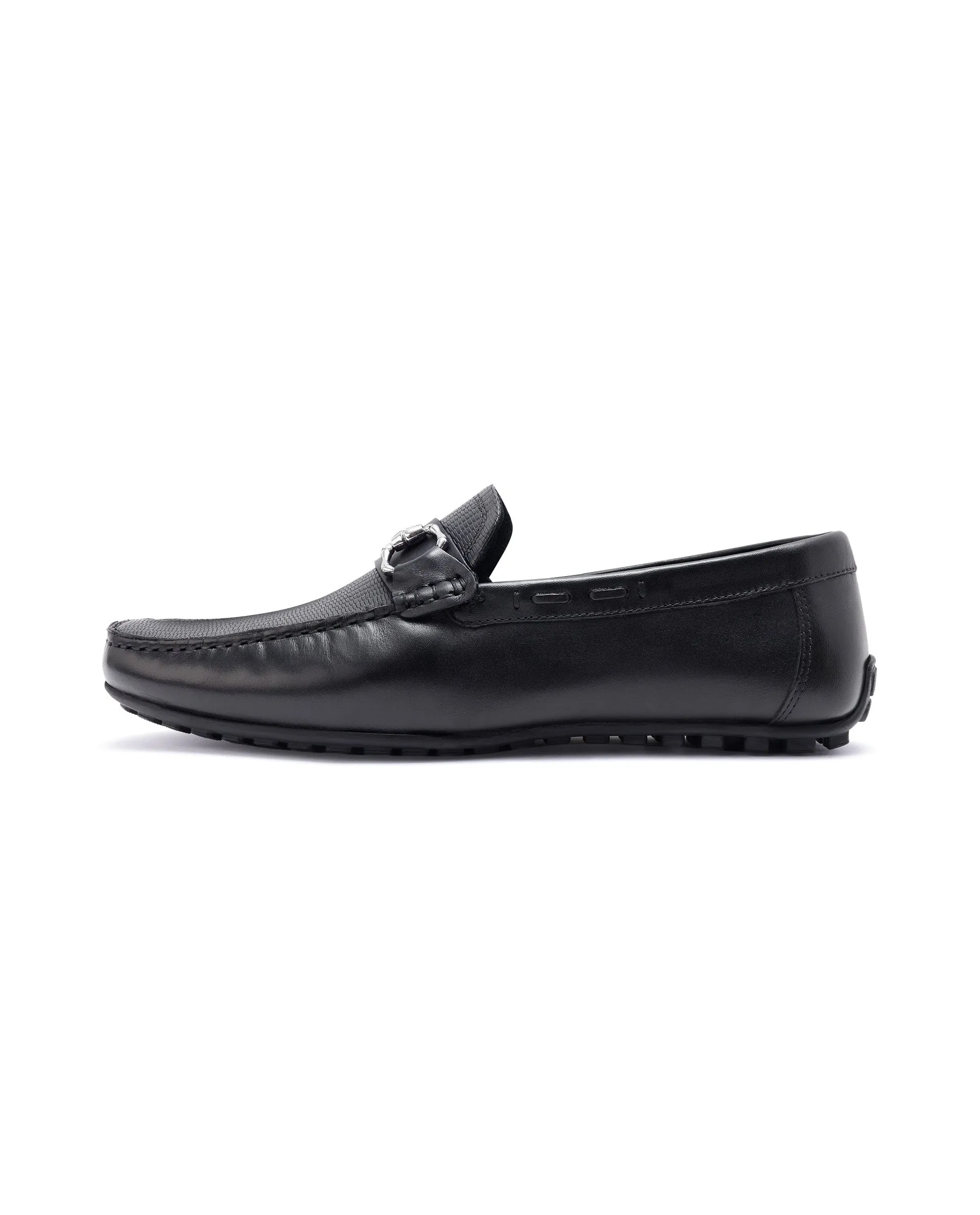 Rare Rabbit Men's Wave Pro Black Genuine Leather Plated Slip-On Driving Moccasins