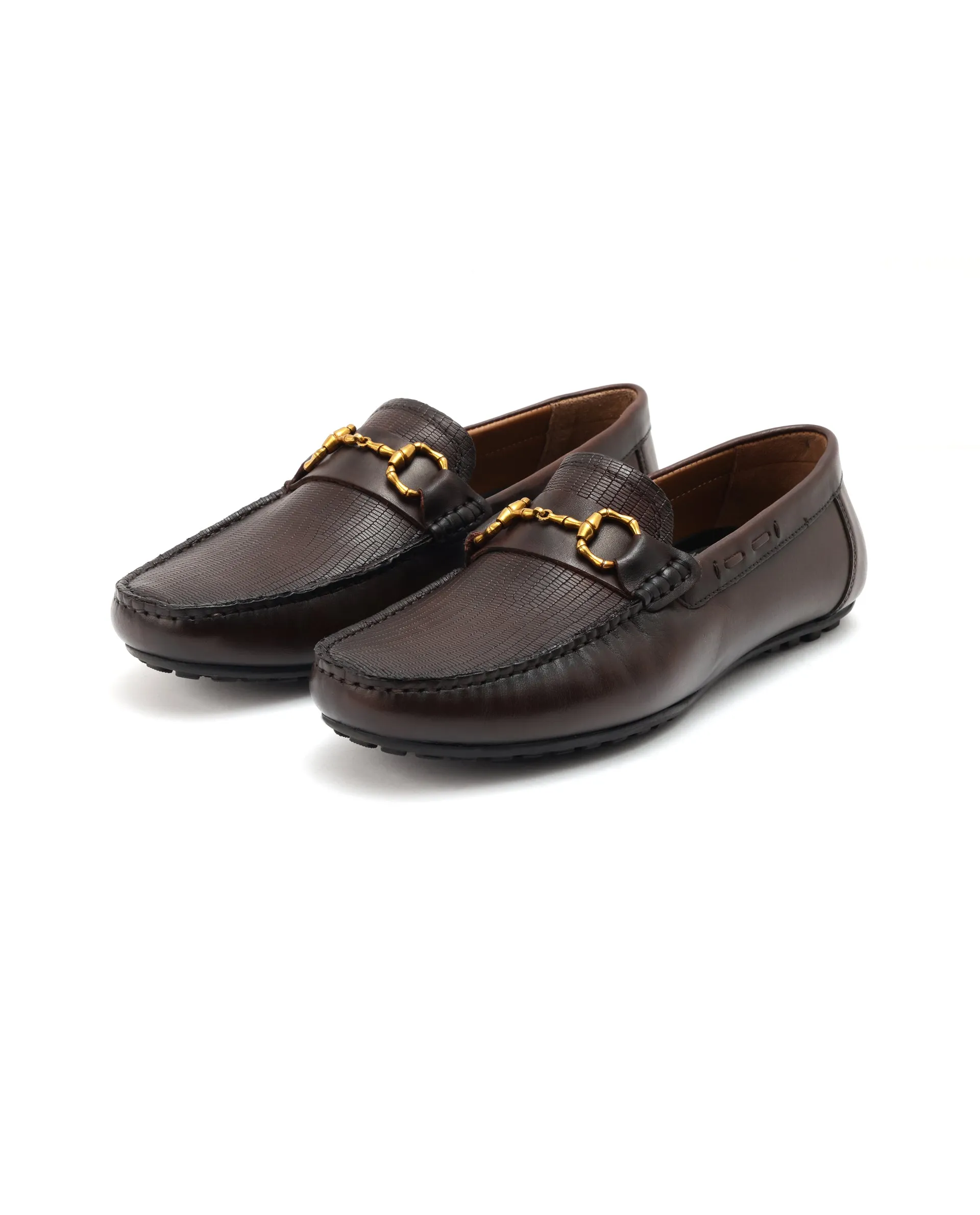 Rare Rabbit Men's Wave Pro Brown Genuine Leather Plated Slip-On Driving Moccasins