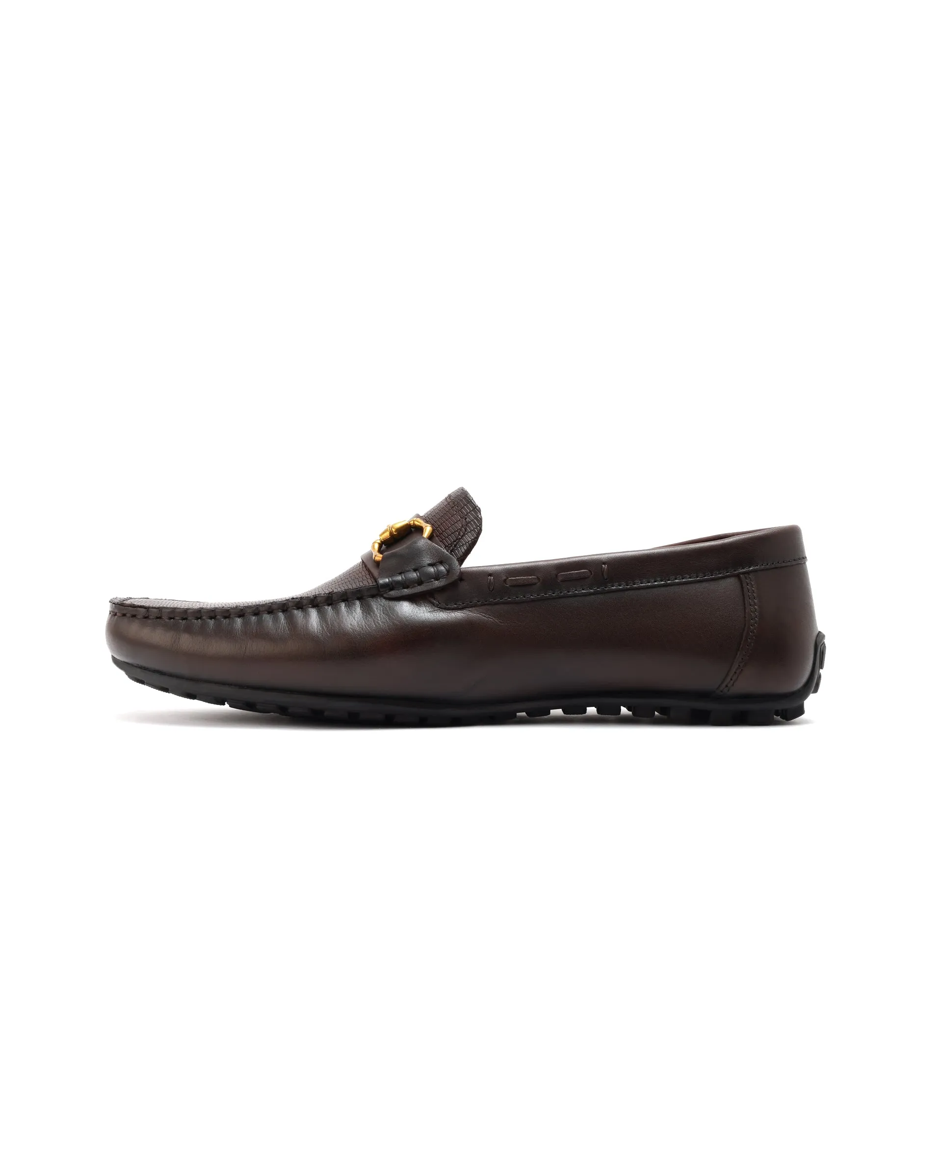 Rare Rabbit Men's Wave Pro Brown Genuine Leather Plated Slip-On Driving Moccasins