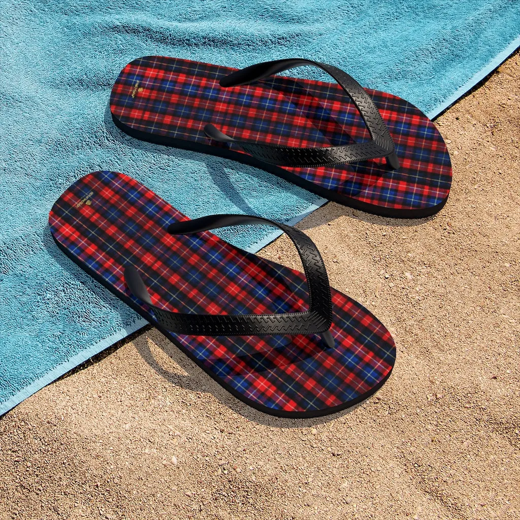 Red Blue Flip Flops, Tartan Plaid Print Unisex Flip-Flops Sandals For Men or Women- Made in USA