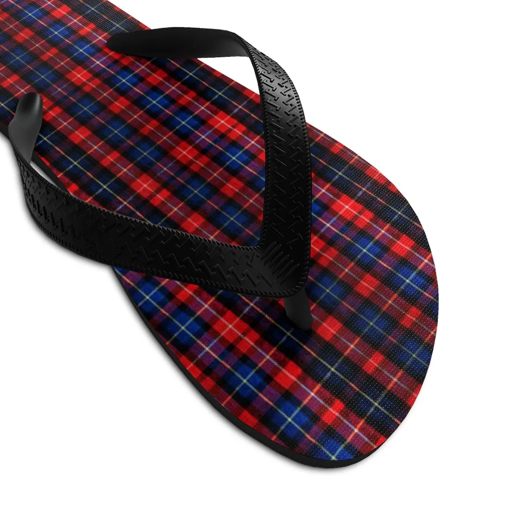 Red Blue Flip Flops, Tartan Plaid Print Unisex Flip-Flops Sandals For Men or Women- Made in USA