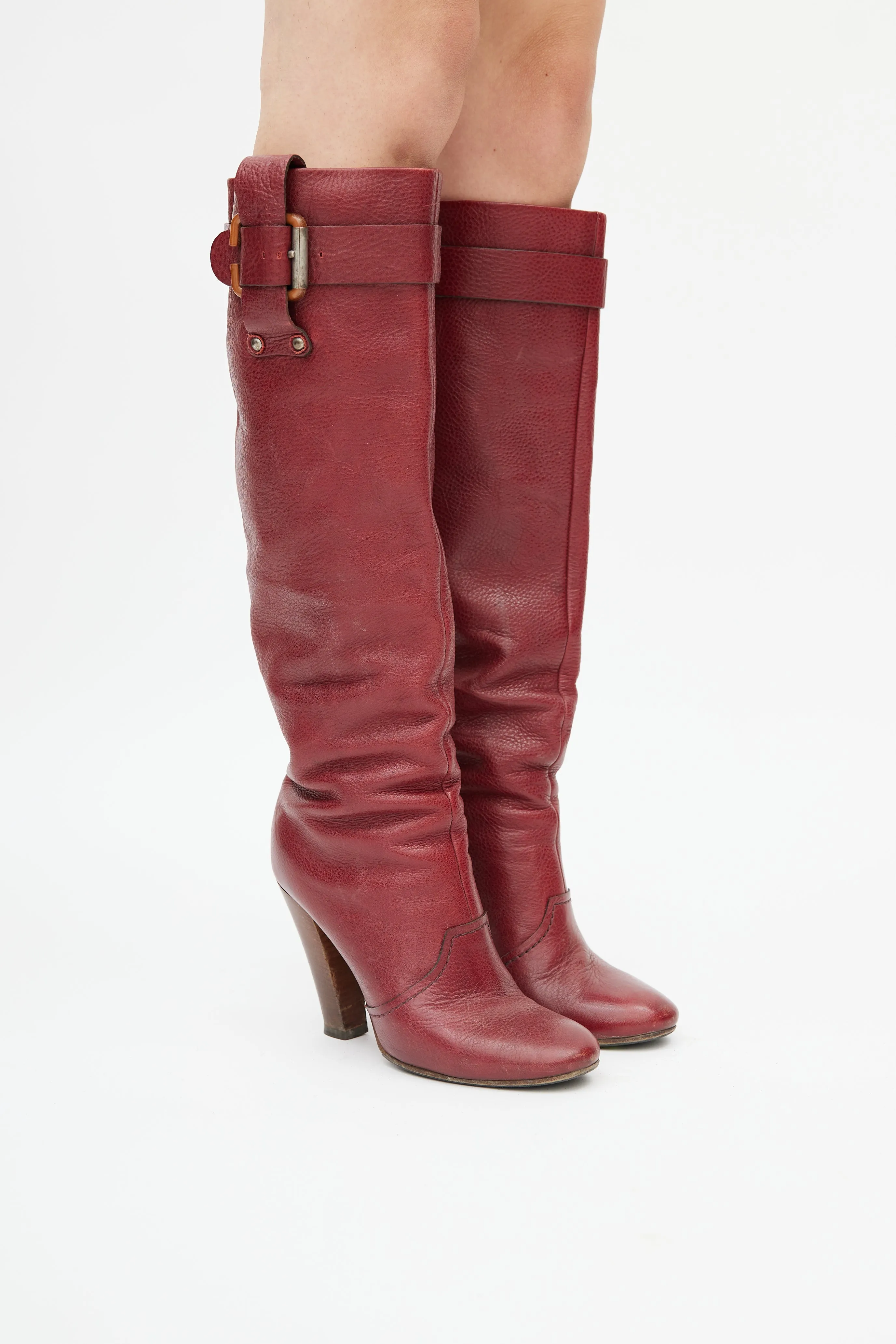 Red Leather Heeled Knee High Boot