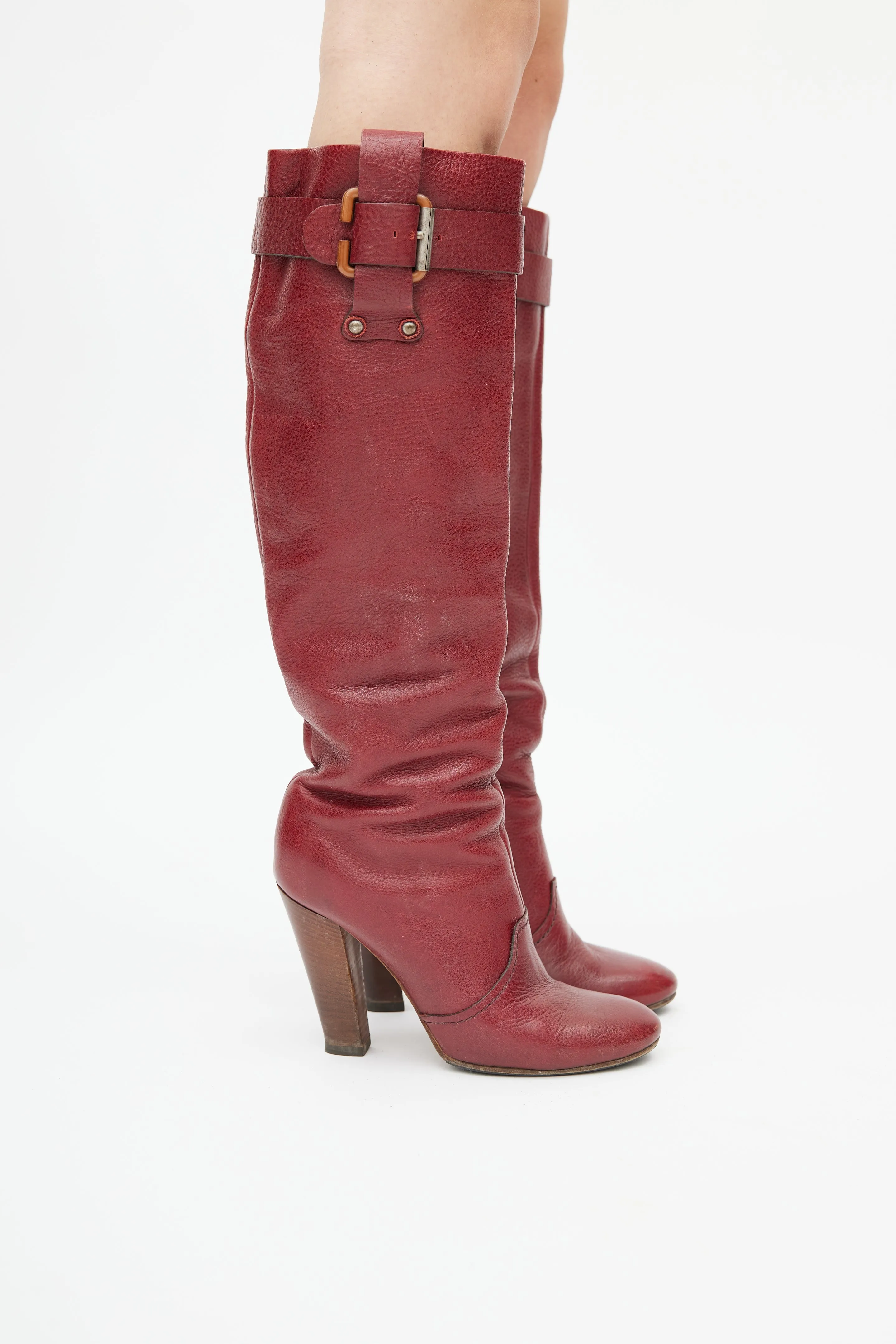 Red Leather Heeled Knee High Boot