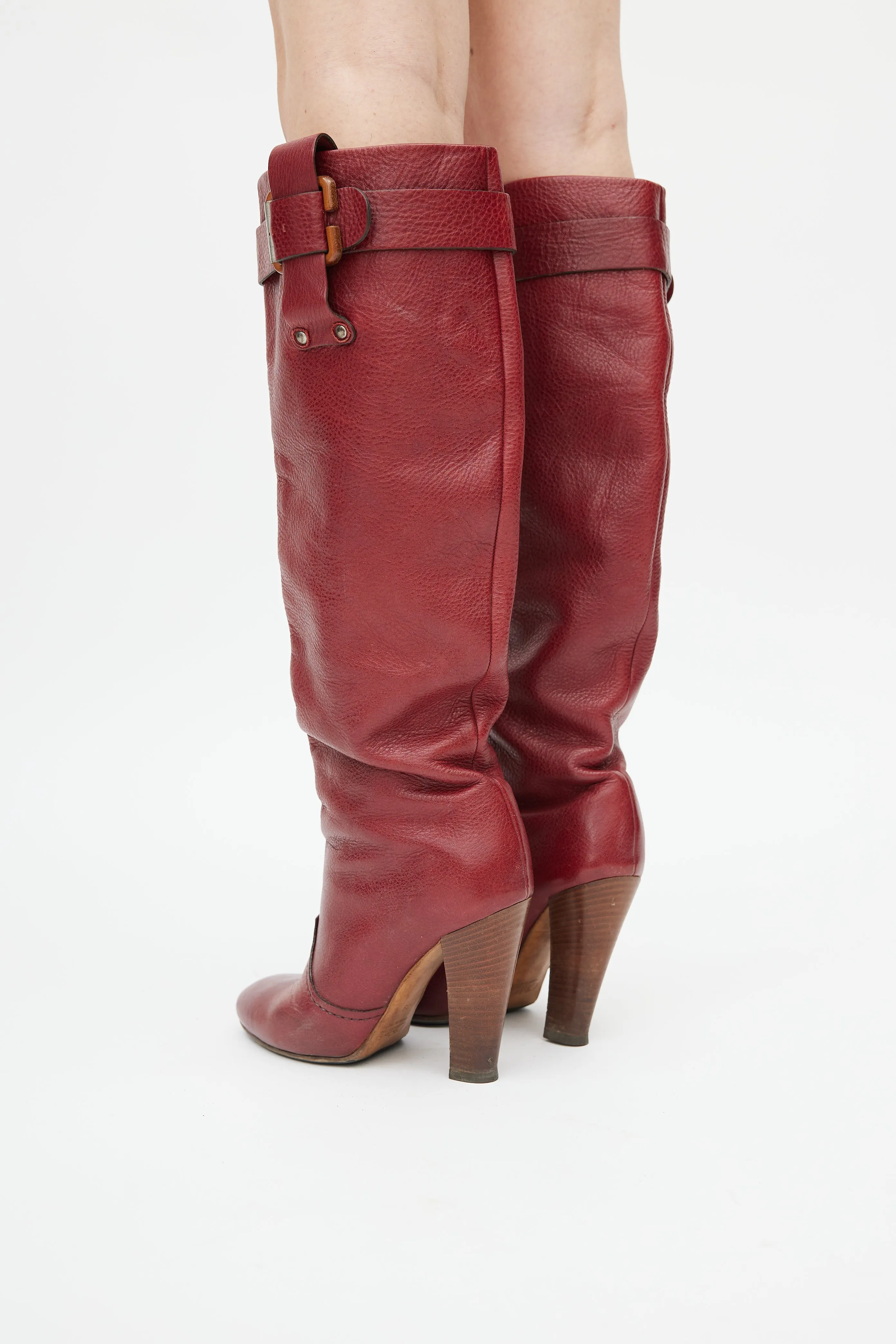 Red Leather Heeled Knee High Boot