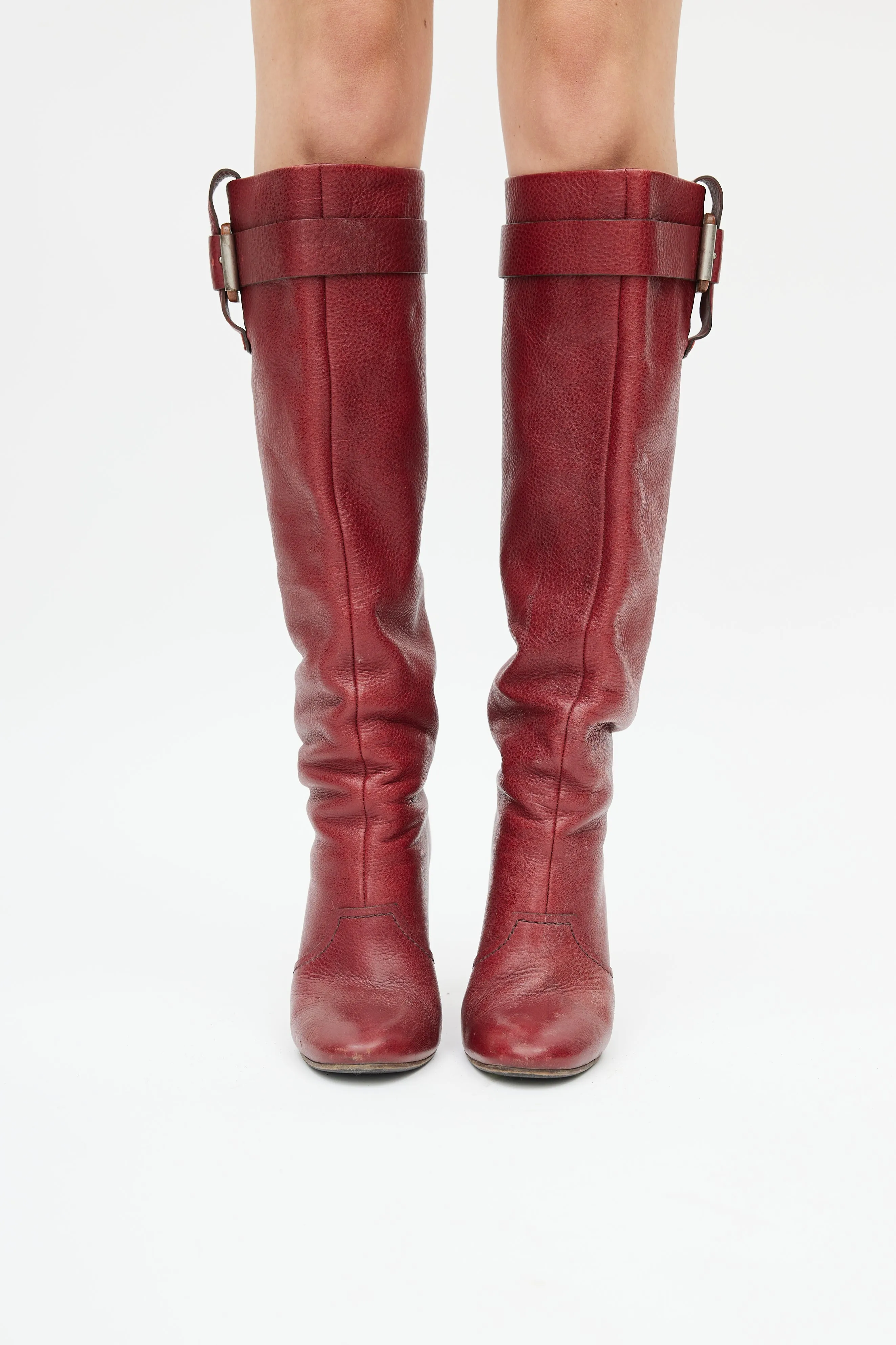 Red Leather Heeled Knee High Boot