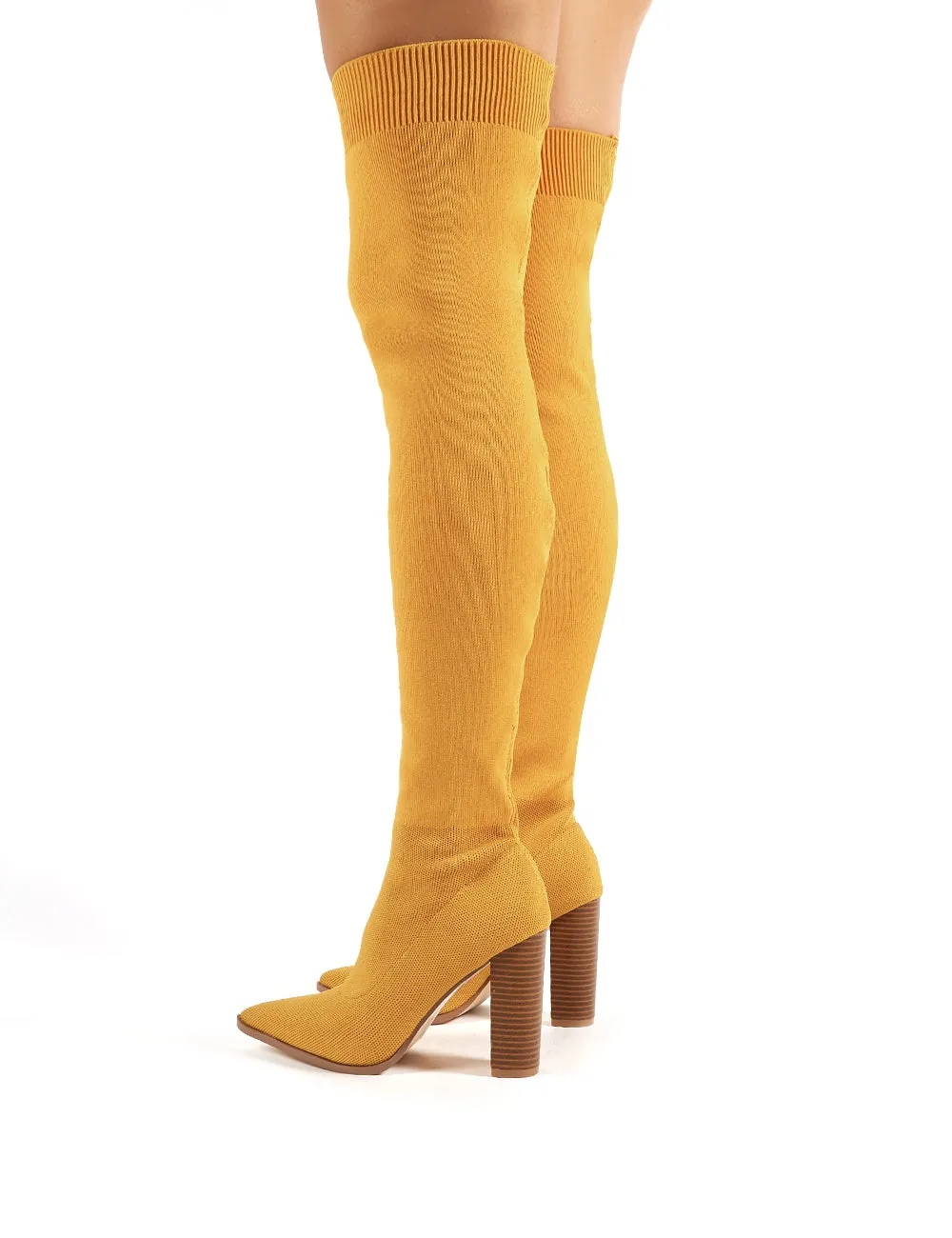 Romee Mustard Knitted Block Heeled Over the Knee Boots