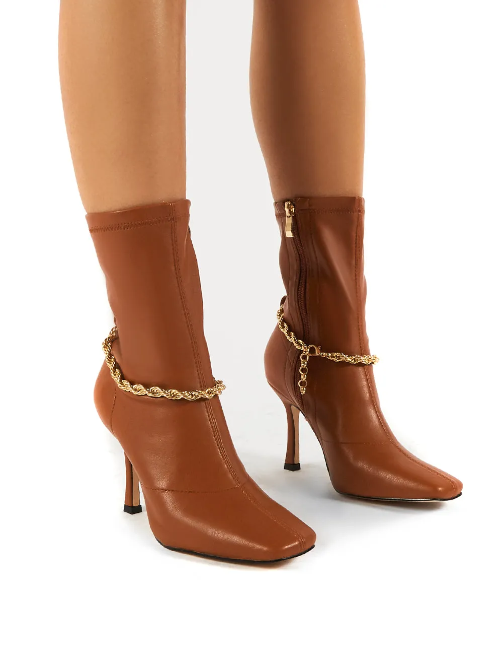 Sacci Camel Wide Fit Chain Detail Square Toe Stiletto Heel Ankle Boots