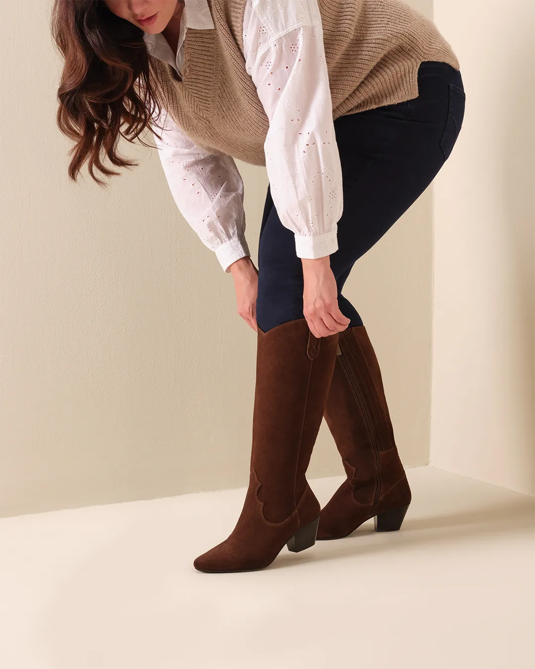 Saffron Knee High Boots in Brown Suede