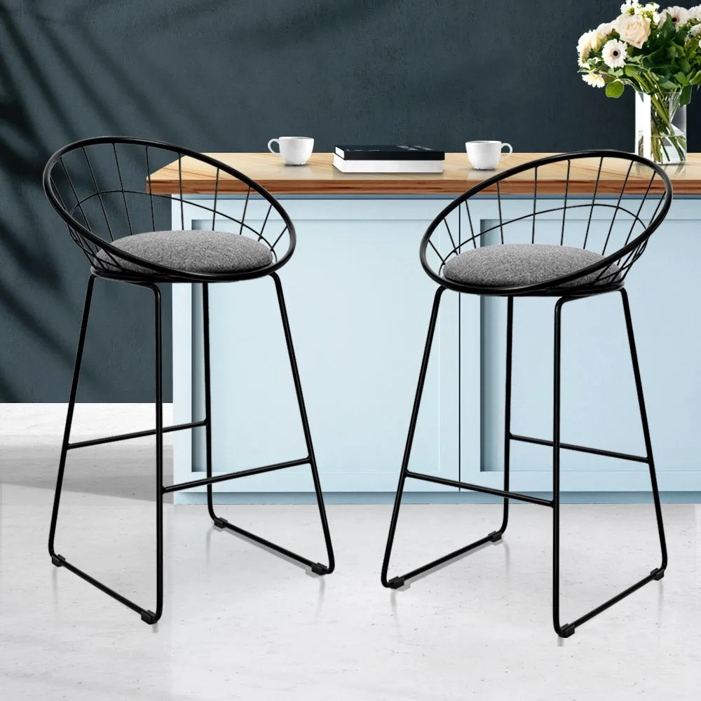 Set of 2 Bar Stools Steel Fabric Cushion Modern High Chair Kitchen - Grey and Black