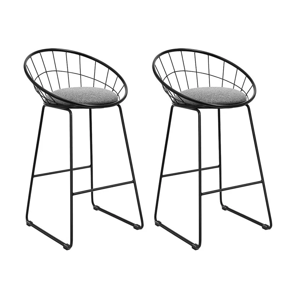 Set of 2 Bar Stools Steel Fabric Cushion Modern High Chair Kitchen - Grey and Black