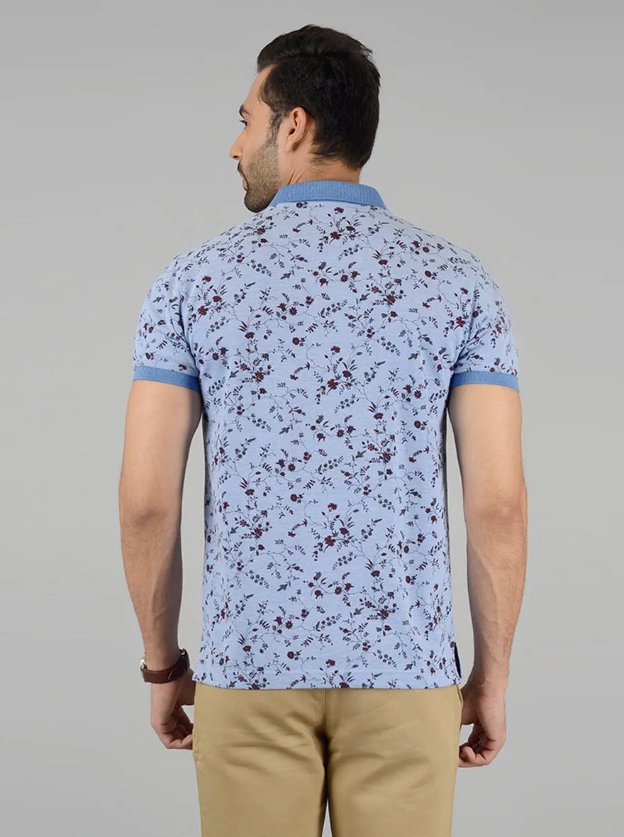 Sky Blue Printed Slim Fit Polo T-Shirt | Greenfibre