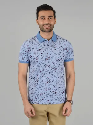 Sky Blue Printed Slim Fit Polo T-Shirt | Greenfibre