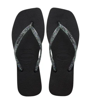 Slim Square Logo Metallic Flip Flops Black