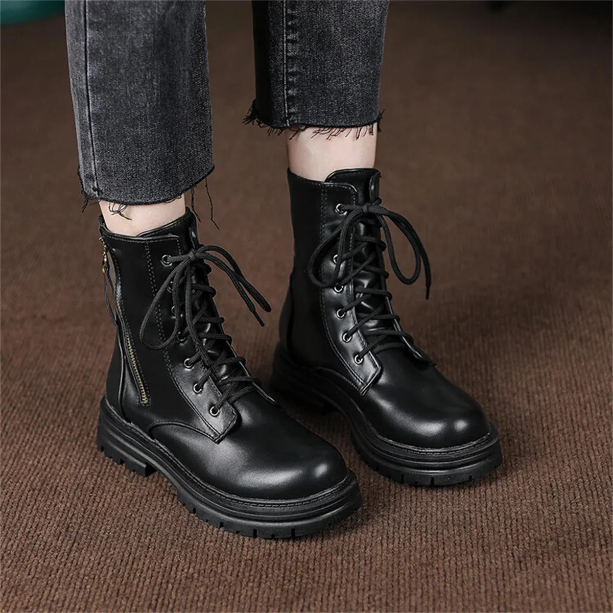 Sohiwoo British London Style Girls Shoes Thick Soled Lace Up Zipper Martin Boots Thick Soled  Round  Headed  4cm short Heeled Boots