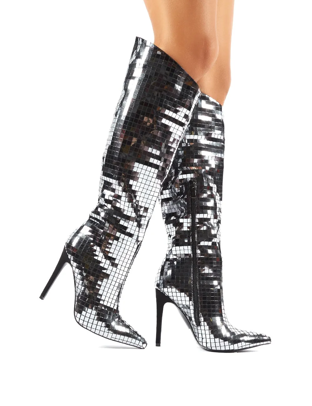 Thriller Tiled Silver MIrror Stiletto Heeled Knee High Boots