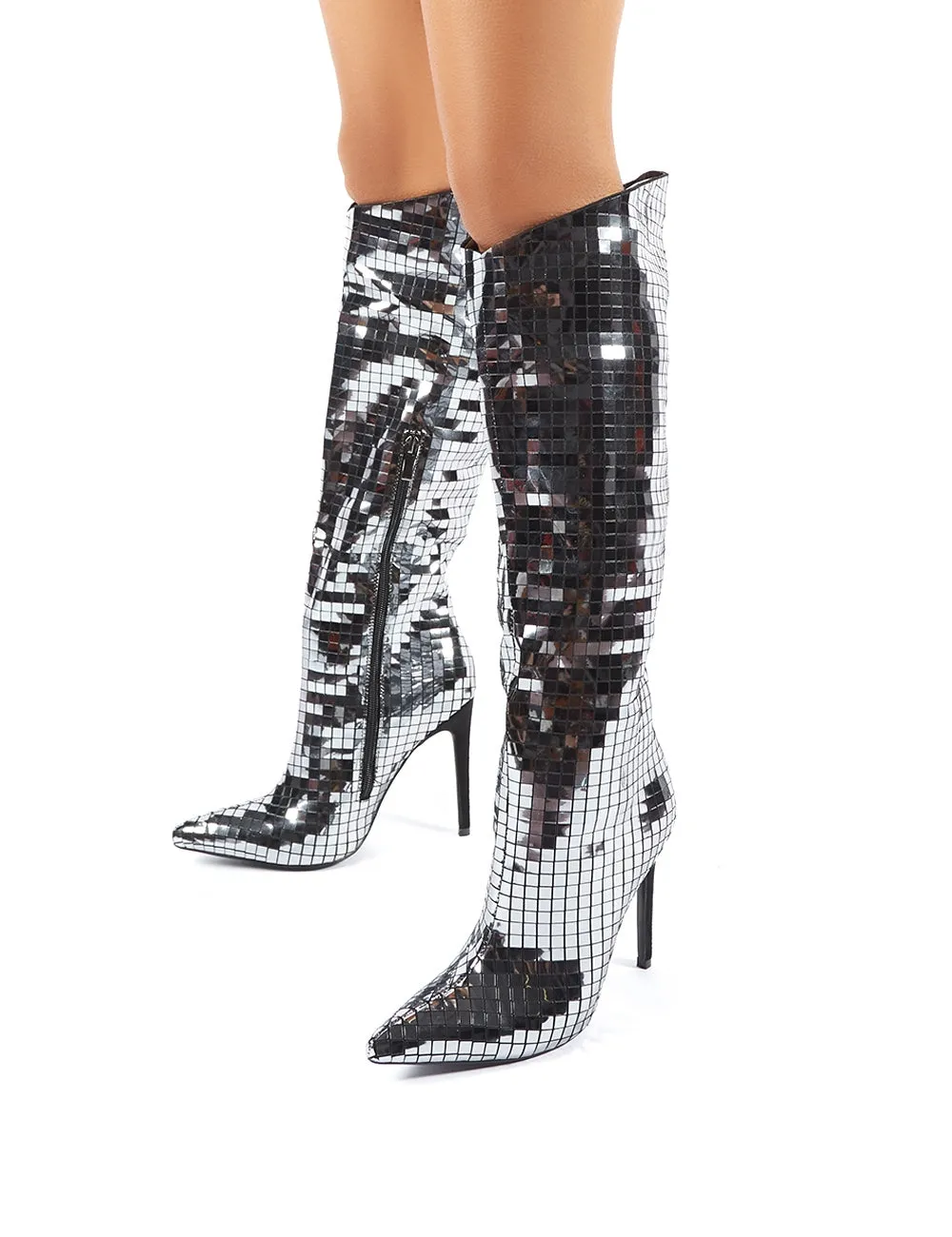 Thriller Tiled Silver MIrror Stiletto Heeled Knee High Boots