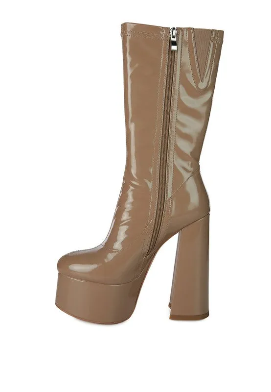 VINKELE Patent PU Platform Heeled Calf Boots