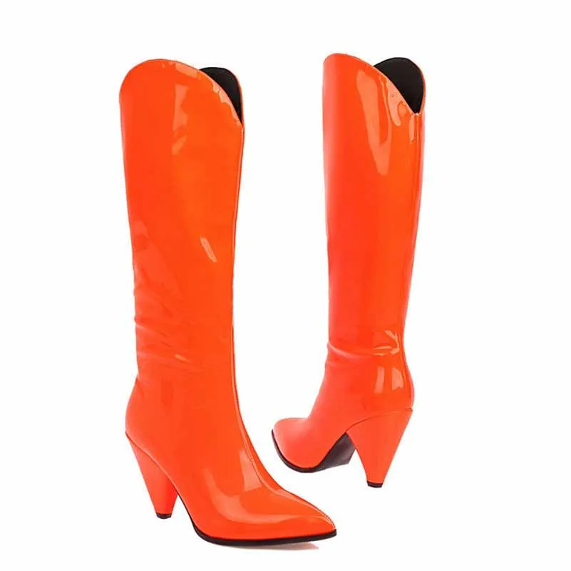 Women high heeled knee candy color boots