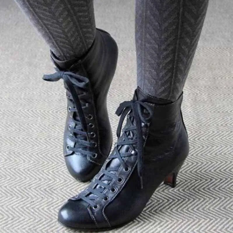 Women Lace up Short Boots Wedding Ankle Low Heeled Boots White Black