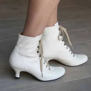 Women Lace up Short Boots Wedding Ankle Low Heeled Boots White Black