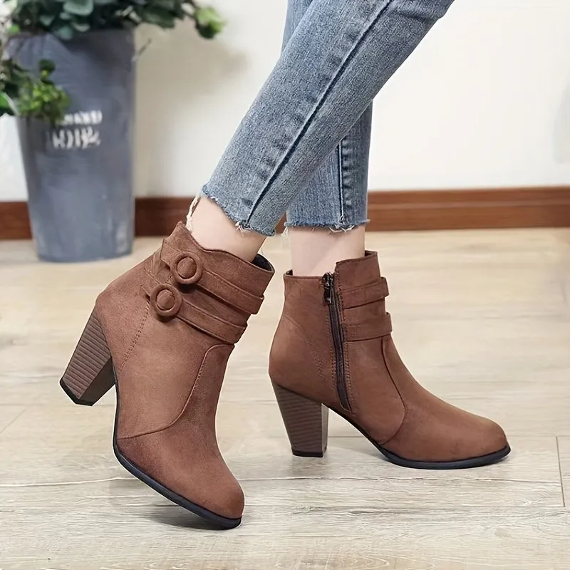 Women's Block Heeled Short Boots, Casual Buckle Strap Side Zipper Boots, Comfortable Ankle Boots