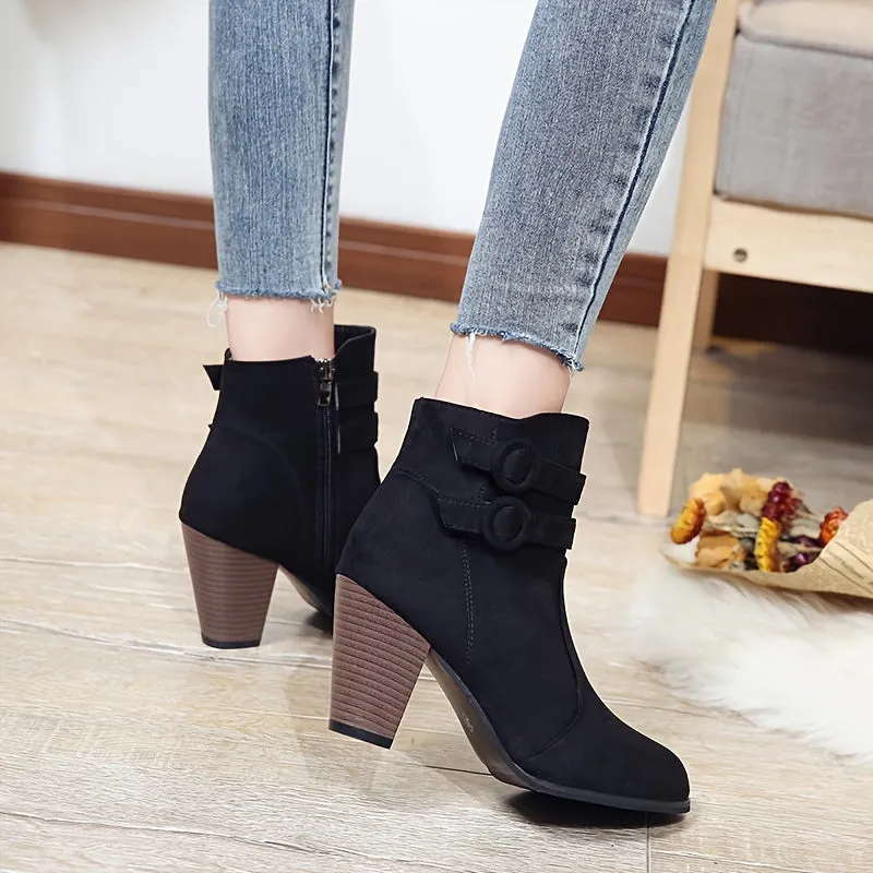 Women's Block Heeled Short Boots, Casual Buckle Strap Side Zipper Boots, Comfortable Ankle Boots