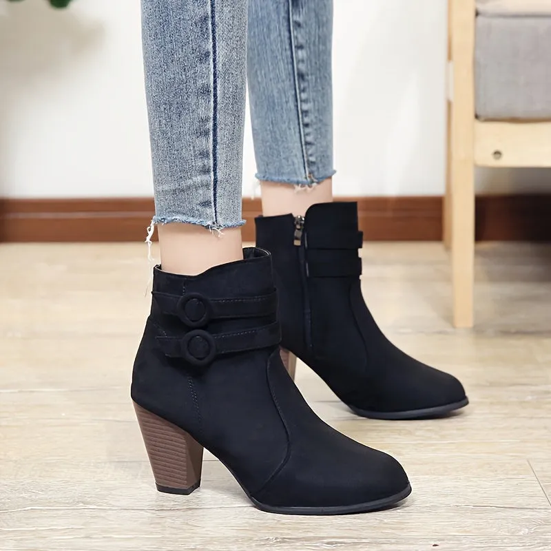 Women's Block Heeled Short Boots, Casual Buckle Strap Side Zipper Boots, Comfortable Ankle Boots