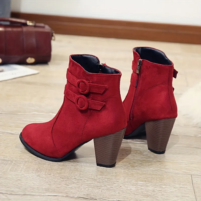 Women's Block Heeled Short Boots, Casual Buckle Strap Side Zipper Boots, Comfortable Ankle Boots