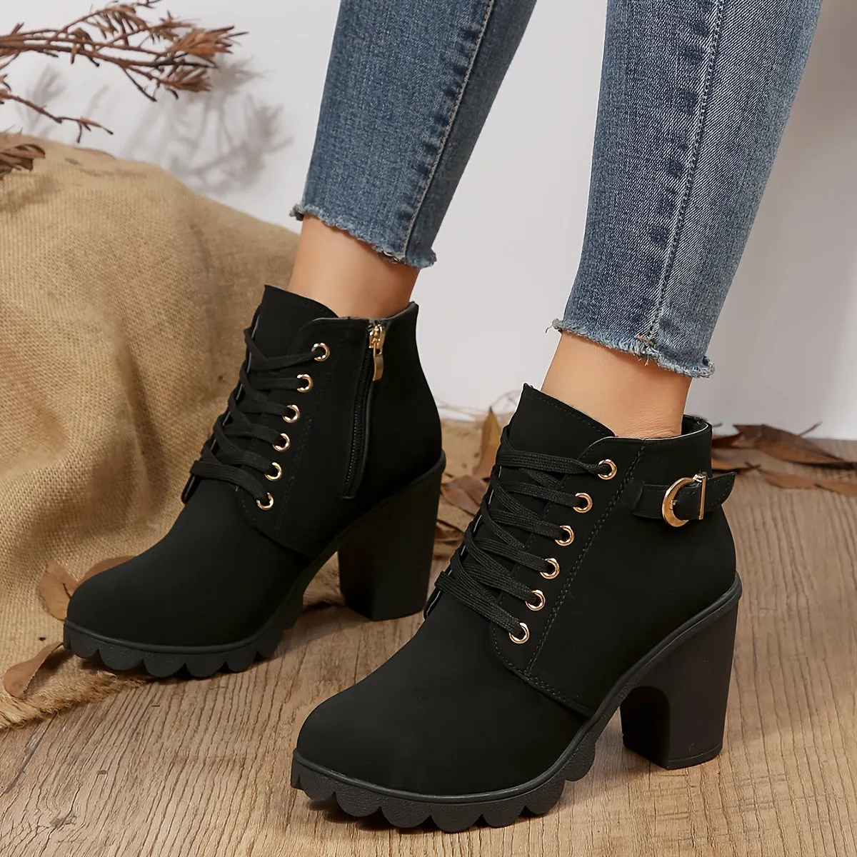 Women's Chunky Heeled Ankle Boots, Solid Color Lace Up & Side Zipper Boots, Retro High Heeled Short Boots