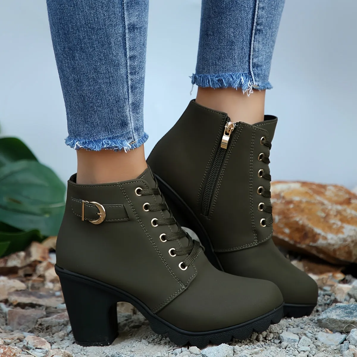 Women's Chunky Heeled Ankle Boots, Solid Color Lace Up & Side Zipper Boots, Retro High Heeled Short Boots