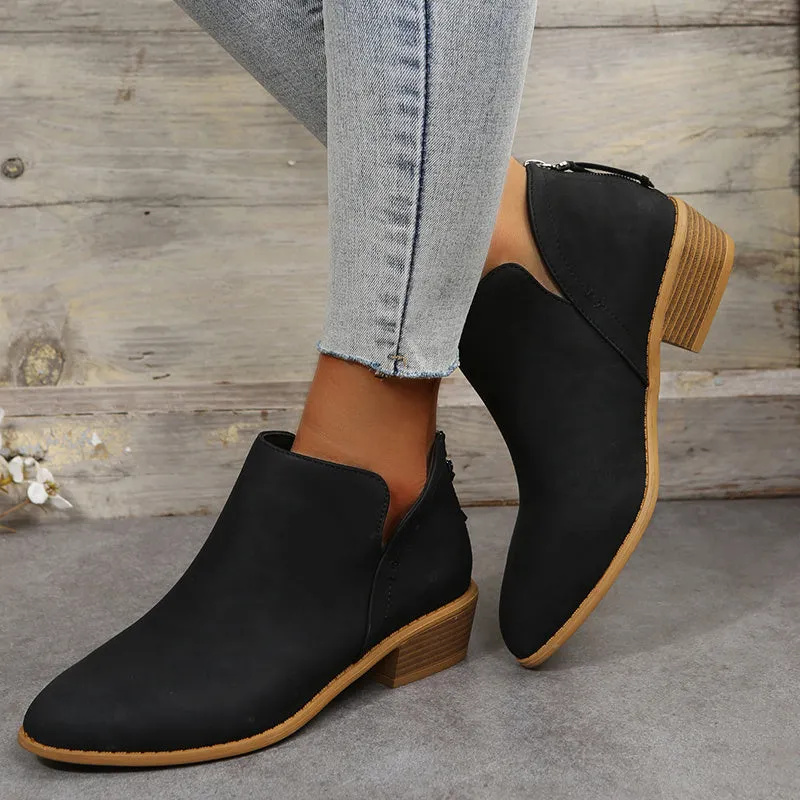 Women's Chunky Heeled Ankle Boots, Solid Color V-cut Back Zipper Shoes, Stacked Heeled Short Boots