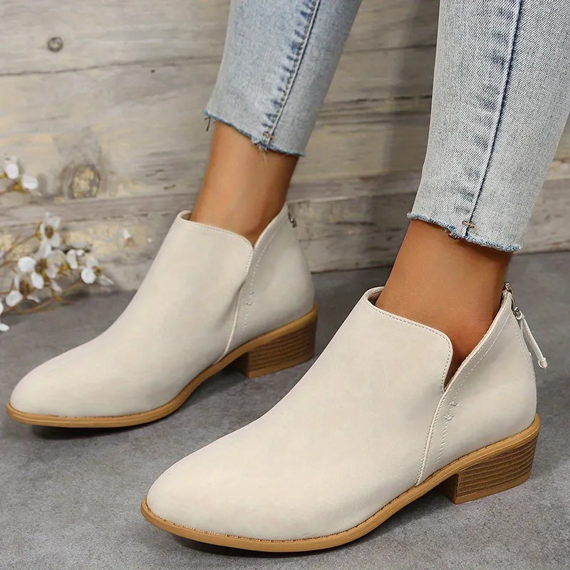 Women's Chunky Heeled Ankle Boots, Solid Color V-cut Back Zipper Shoes, Stacked Heeled Short Boots