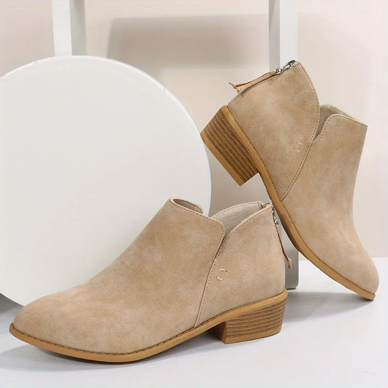 Women's Chunky Heeled Ankle Boots, Solid Color V-cut Back Zipper Shoes, Stacked Heeled Short Boots