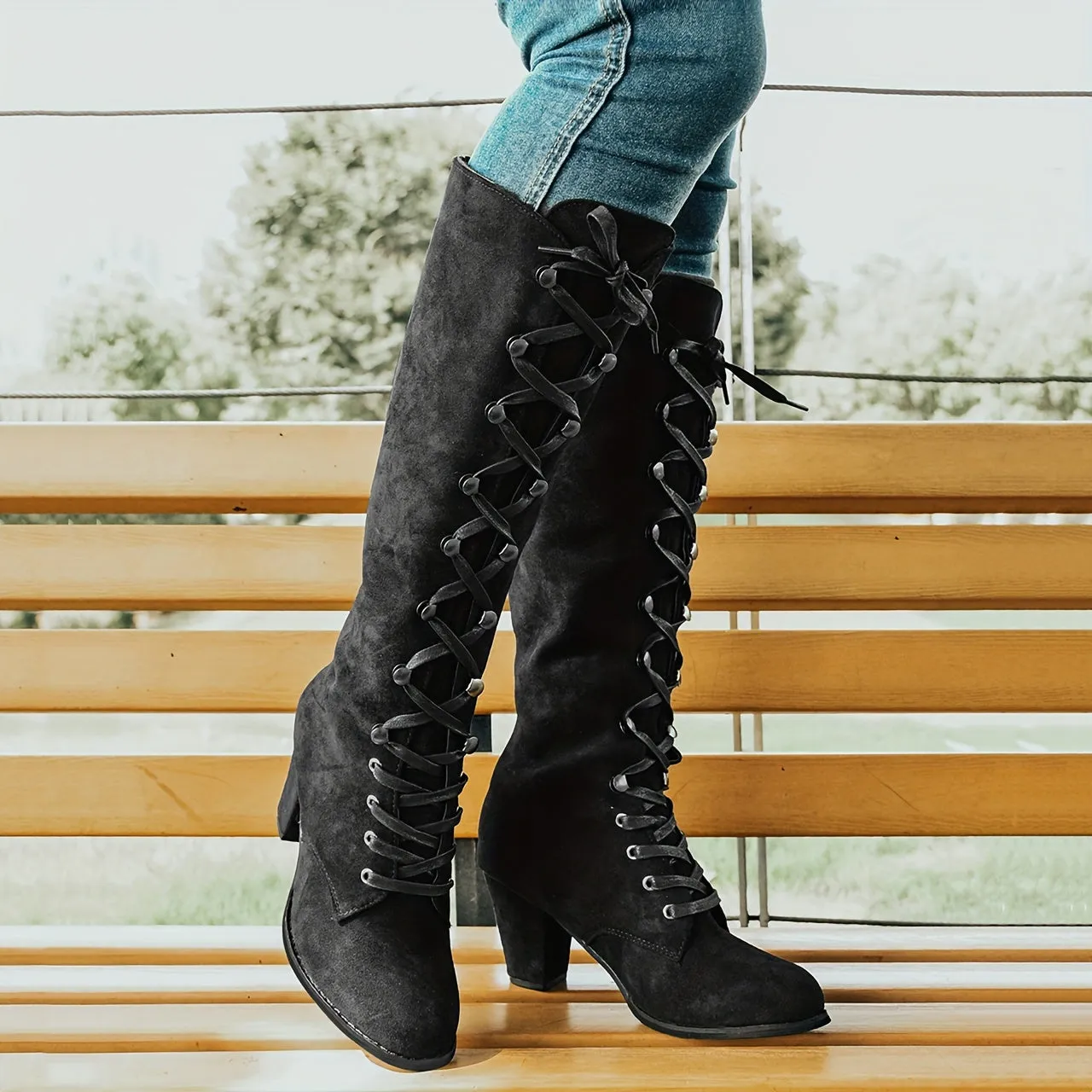 Women's Chunky Heeled Long Boots, Retro Solid Color Lace Up Knee High Boots, Casual Heeled Riding Boots