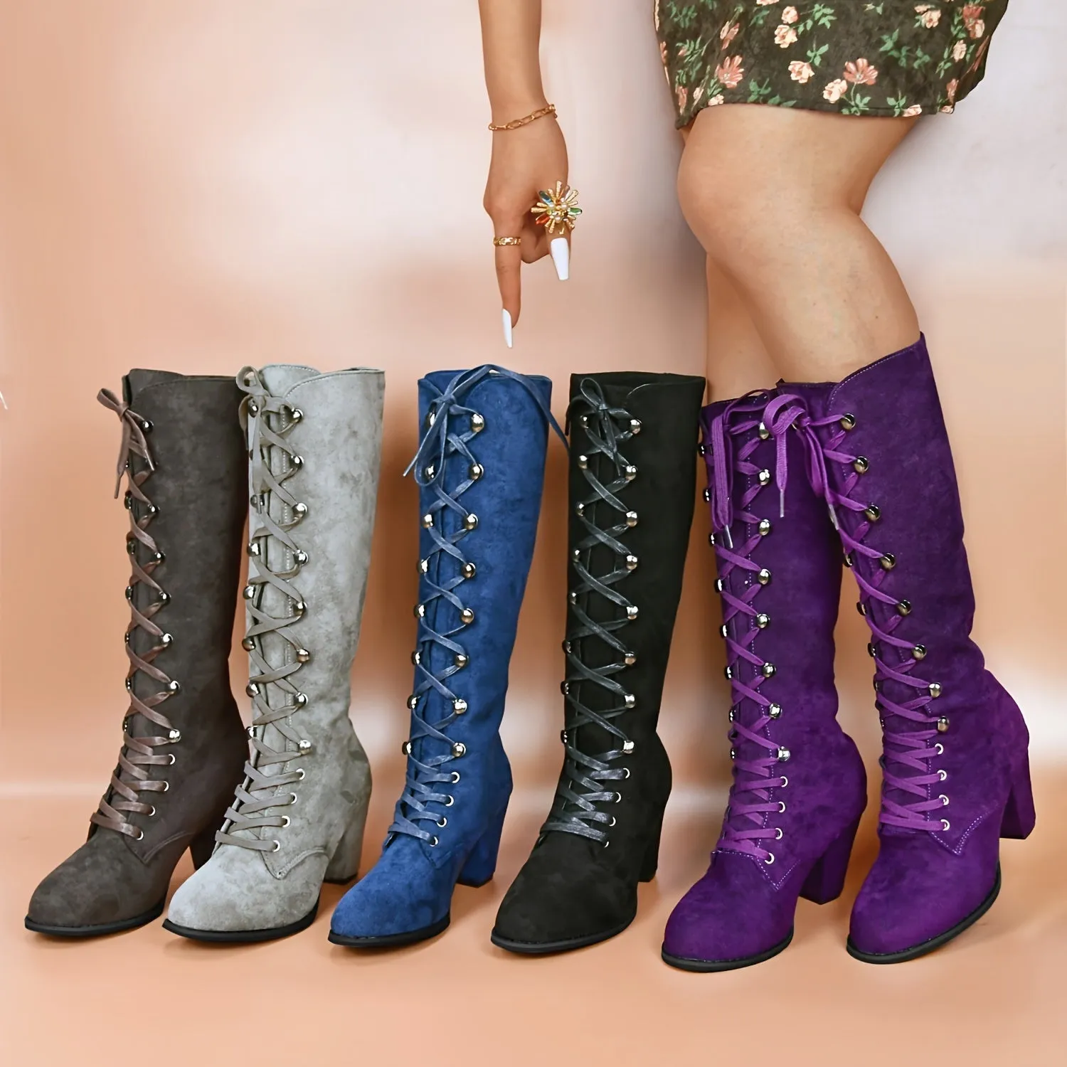 Women's Chunky Heeled Long Boots, Retro Solid Color Lace Up Knee High Boots, Casual Heeled Riding Boots