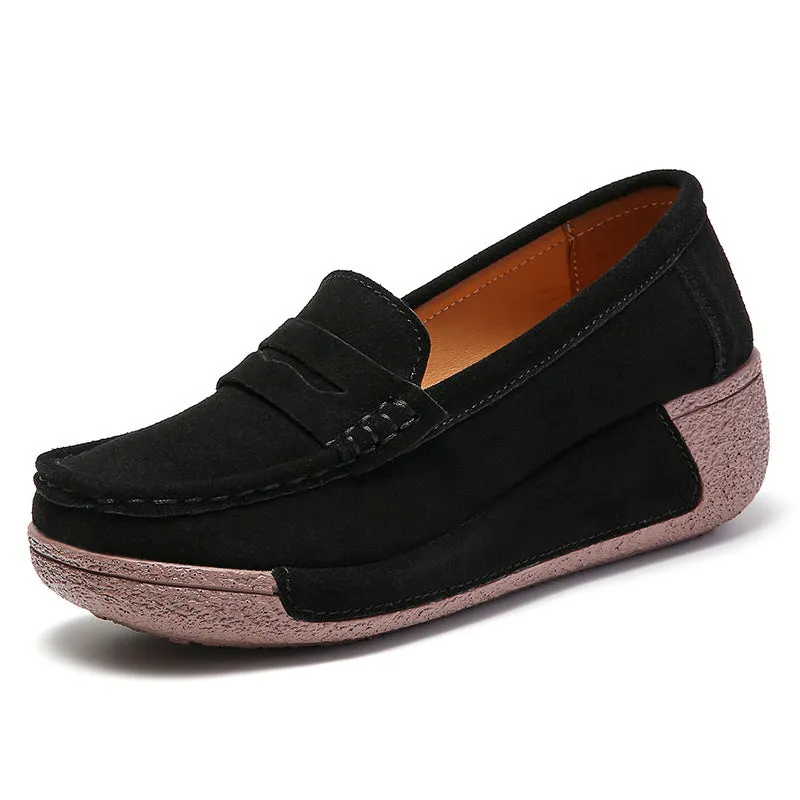 Women's Leather Platform Slip on Loafers Comfort Moccasins Low Top Casual Shoes