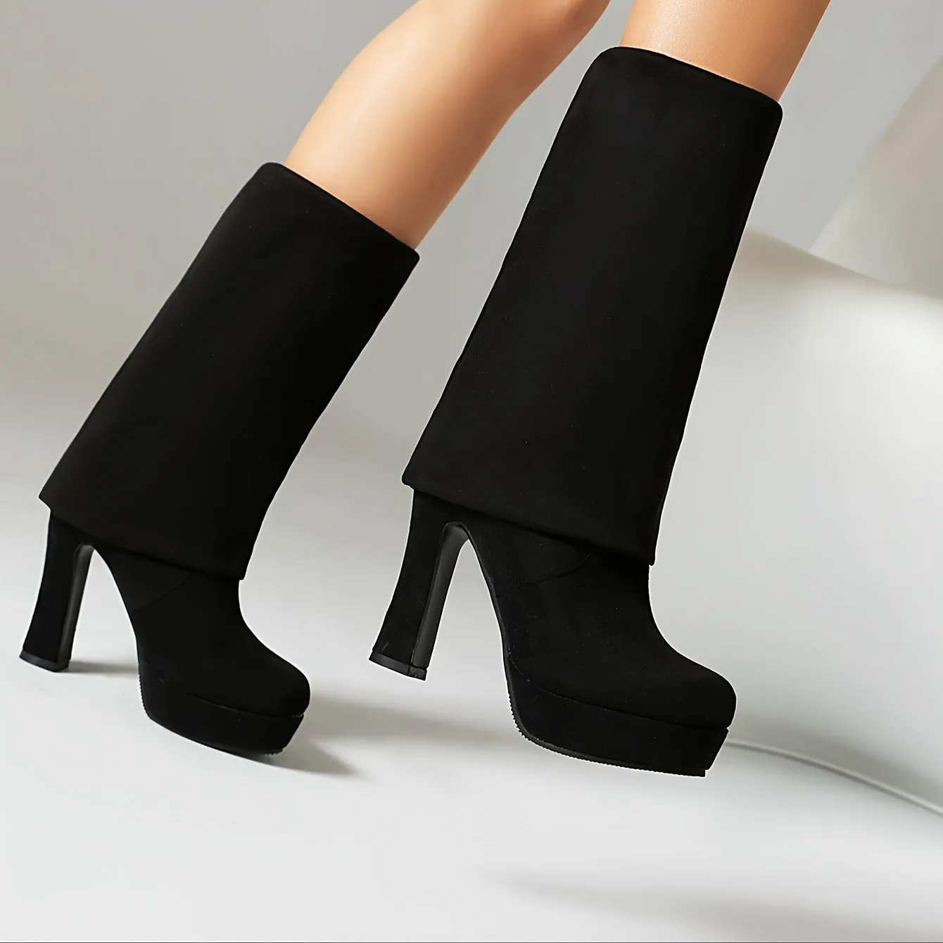 Women's Solid Color Block Heeled Boots, Fashion Slip On Over The Knee Boots, Women's Comfortable Boots