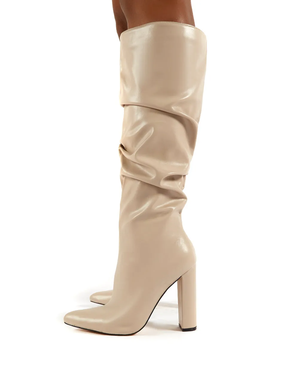 Yours Taupe PU Patent Heeled Knee High Block Boots