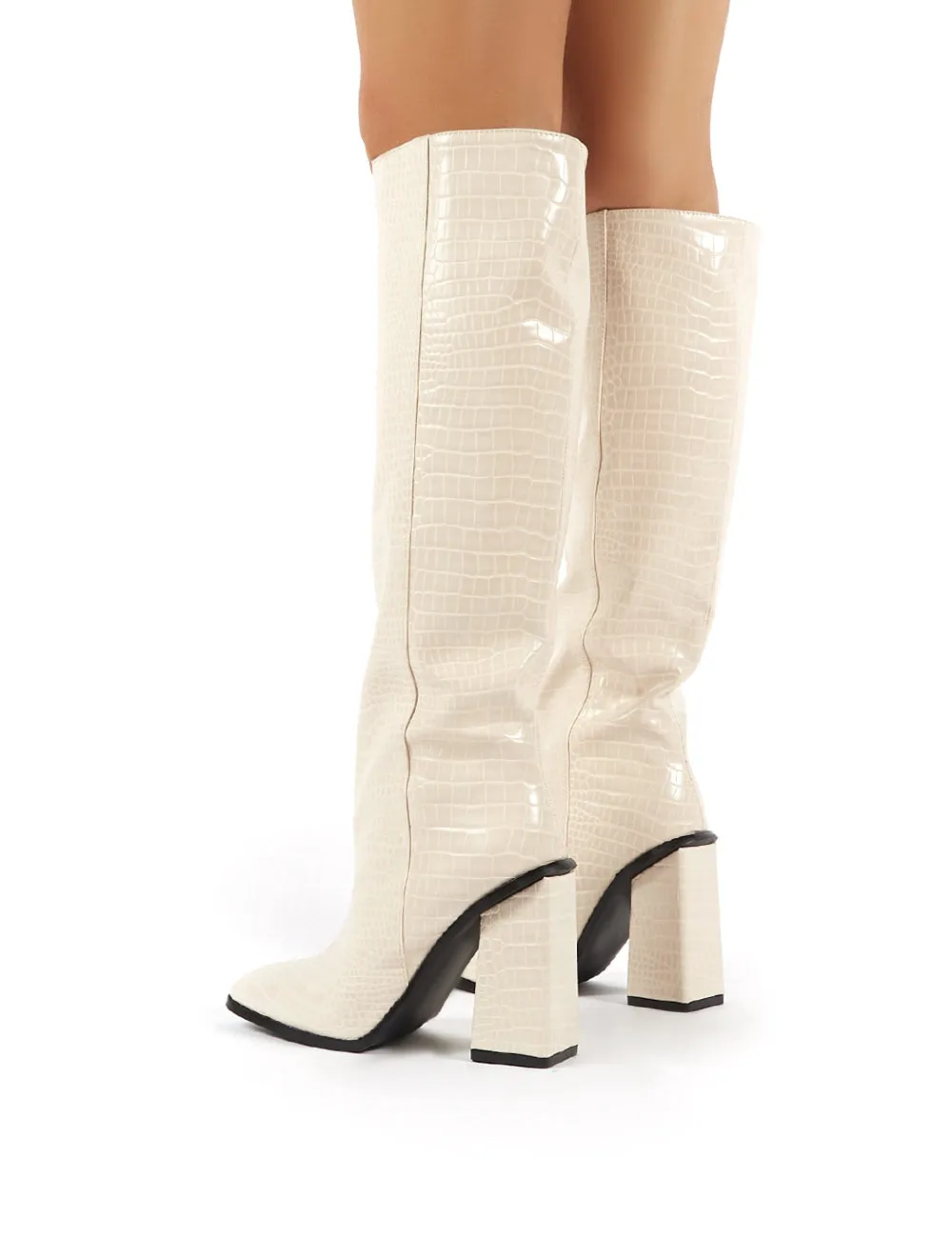 Zina Beige Croc Square Toe Block Heeled Knee High Boots