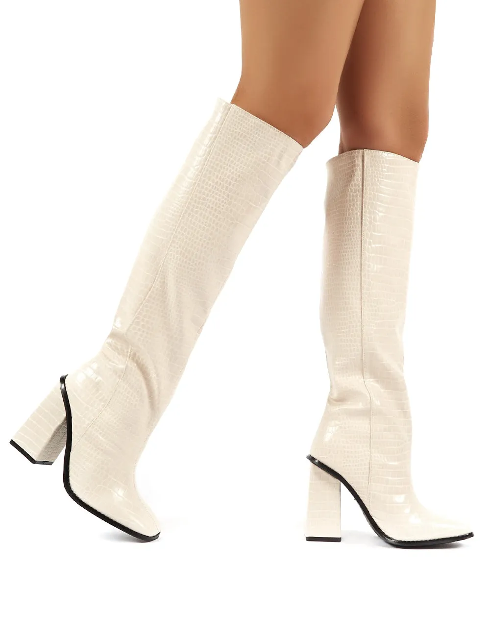 Zina Beige Croc Square Toe Block Heeled Knee High Boots