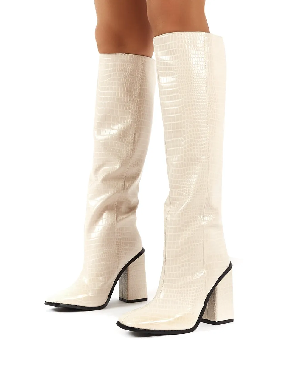 Zina Beige Croc Square Toe Block Heeled Knee High Boots